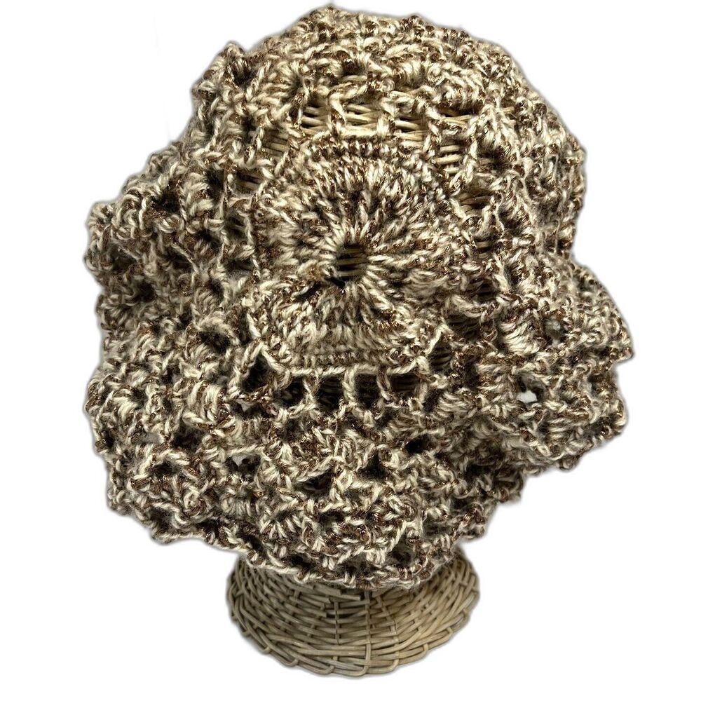 Handmade Tan Metallic Crochet Beret Slouchy Beanie Boho Hat Unisex Statement Hat
